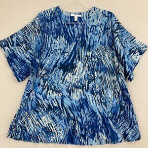 BOSS Blue Abstract Print V Neck Stretch Knit Relaxed Fit Comfy Blouse size 10
